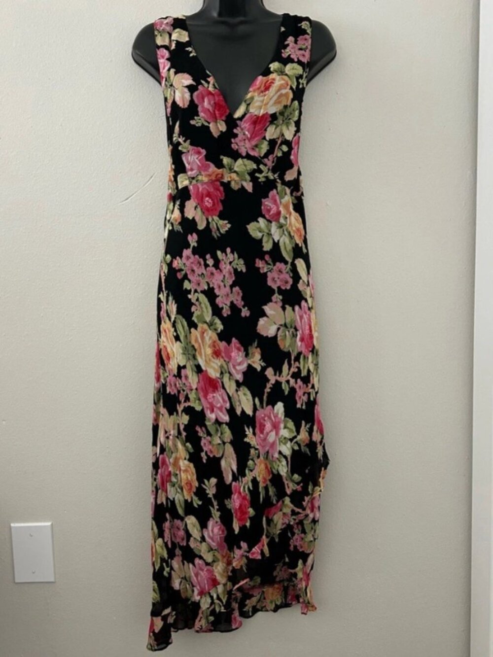 Lola P Black Floral Chiffon Beaded Dress Size PL